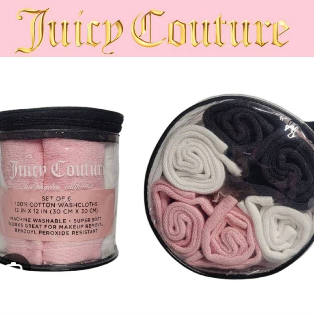 Juicy Couture Home Set of 6 Cotton Washcloths- Pink/White/Black